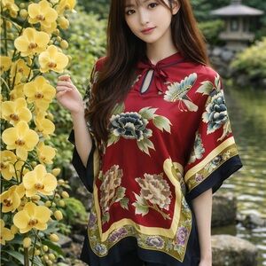 Floral Butterfly Silk Oriental Top  Black and Red Women's blouse New Year